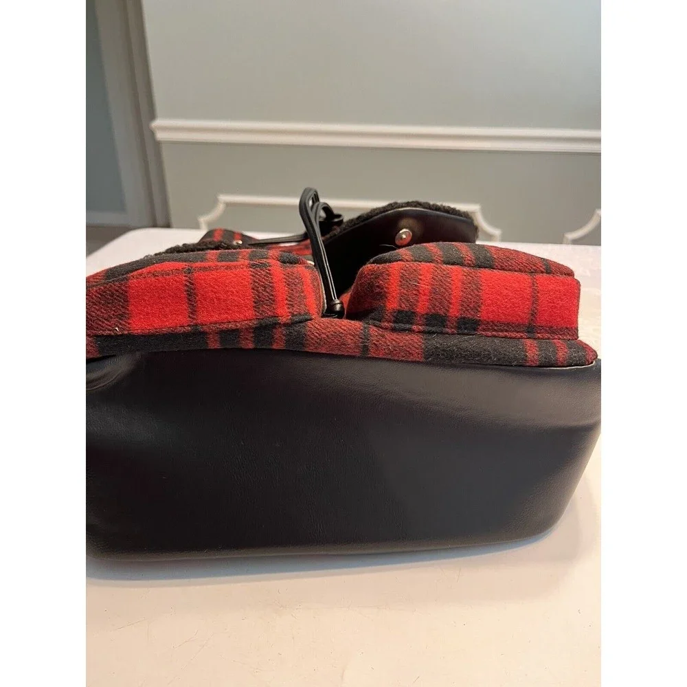 BEARPAW Faux Shearling Trim Drawstring Backpack, Red and Black Buffalo Plaid
